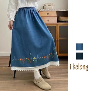 【新作】フラワー柄刺繍＆裾レースソフトデニムスカート　2色展開