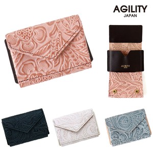 Trifold Wallet Genuine leather Floral Pattern Mini Size Made in Japan