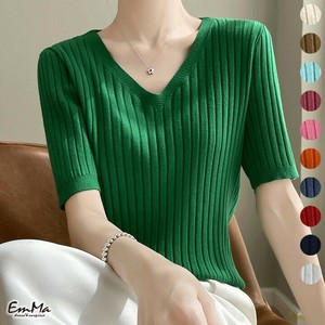 サマーカラーリブニットTシャツ Vネック 半袖 カジュアル 夏  【2025SS】 ONA1013