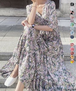 国内即納 花柄ワンピース5分袖ティアードワンピース