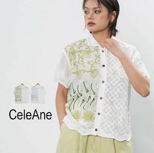【新作】アシメデザイン総刺繍ガーゼコットンシャツ　フラワー　シアー　襟付き　2色展開