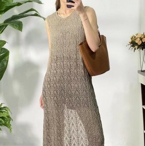 ワンピース ニット 透かし彫り ラウンドネック 無地 ゆったり 快適 レディース ファッション  MBQ674