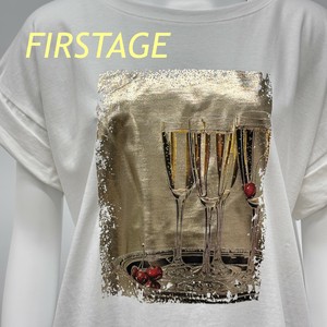 【イタリア製】FIRSTAGE 箔×シャンパン・チェリープリント  折り返し袖デザインTシャツ