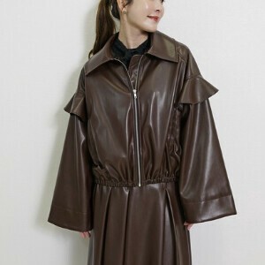 【25AW予約】ステンカラー PUレザー フリルスリーブ バルーン ボンバー ブルゾン