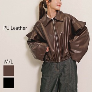 【25AW/予約特典10%OFF！】 PUレザー ジャケット ステンカラー フリルスリーブ ボンバー ブルゾン  レザー