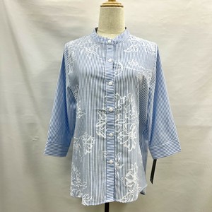 Button Shirt/Blouse Stripe Band Collar Printed Cotton 7/10 length [S/S NEW]