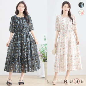 2025年新商品 洋装/连衣裙 花朵 L尺寸 褶边/木耳边 复古 分层洋装/连衣裙
