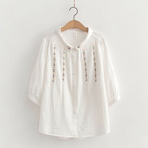 Button Shirt/Blouse Flower Double Gauze COLOR Short Sleeve Cotton