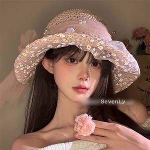 変わったデザイン レースリボンパール麦わら帽子帽子 レディース 春夏「2025新作」