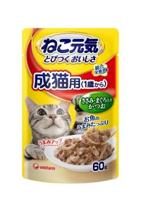 [ユニ･チャーム]ねこ元気総合栄養食パウチ成猫用(1歳から)ささみ･まぐろ入りかつお60g