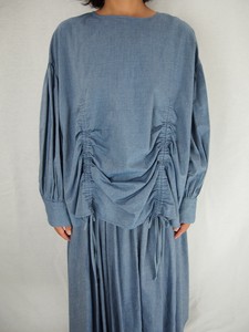 Button Shirt/Blouse denim Gathered Blouse [S/S NEW]