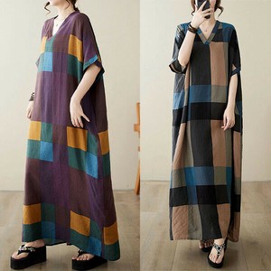 Casual Dress Check Pattern COLOR Long Dress V-Neck