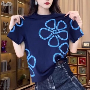 フラワーモチーフ半袖Tシャツ ブルー カジュアル 夏  【2025SS】 ONA2032