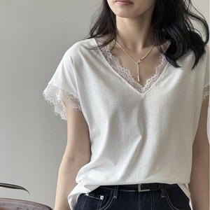 u28075トップス レディース シャツ Tシャツ レース Vカラー 2色 シンプル  2025夏新作