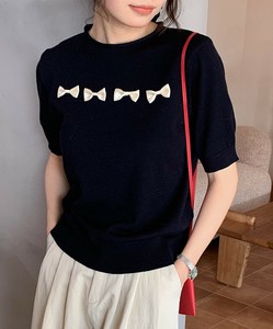 【aimoha】リボンモチーフ ロールネック半袖ニットトップス レディース 春 夏