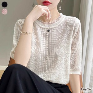 半袖刺繍Tシャツ 袖シアー サマーニット 上品 カジュアル 夏   【2025SS】 ONA3016