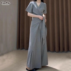 ギンガムチェックカシュクールワンピース 半袖 ロング丈 レトロカジュアル 夏 【2025SS】 ONA4018