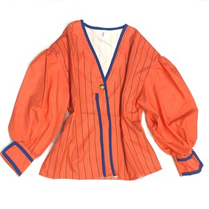 【現品50％オフ】TS108s ストライプシャツ ランタンスリーブ オレンジ 春 秋 長袖 上品 カジュアル