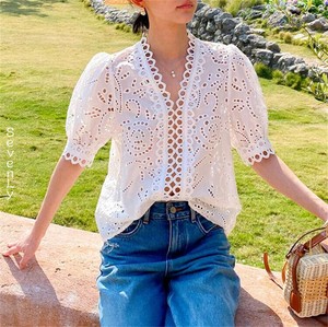 定番 レトロ刺繍Vネックシャツ  シャツブラウス「2025新作」