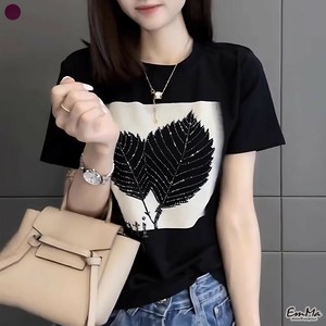 リーフモチーフ半袖Tシャツ ラインストーン きれいめ カジュアル 夏  【2025SS】 ONA1036