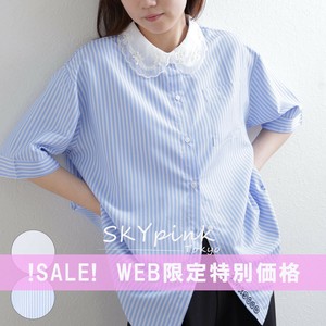 【WEB限定特別価格】パールレース襟英字プリントシャツブラウス　 skypink東京