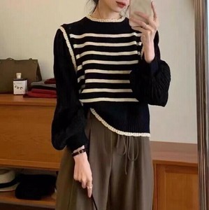 ニット 長袖 ラウンドネック ストライプ ゆったり 快適 レディース ファッション   MBQ832