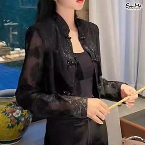刺繍シアーシャツ ショート丈 長袖  中国風 シック カジュアル   【2025SS】 ONA1034