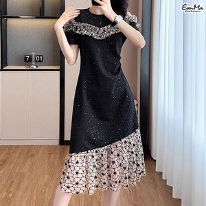 オープンショルダー半袖Tシャツワンピース 裾刺繍シアー ひざ丈 エレガントカジュアル 【2025SS】 ONA4004