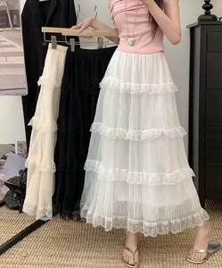【aimoha】レースフリルティアードスカート レディース トレンド ロング スカート