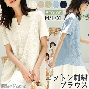 刺繍ブラウス コットン 半袖 M/L/XL 花柄  レディース 綿 プルオーバー キーネック 春 夏  /全5色