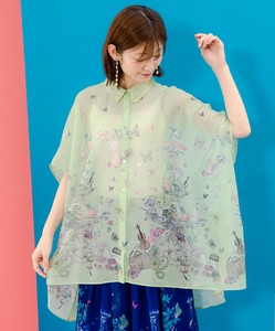 花蝶線描きプリント 切替チュニックシャツ