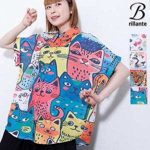 【再入荷】麻混カラフルイラスト ブラウス（猫 ヒョウ 魚）2025新作（198233.75324）