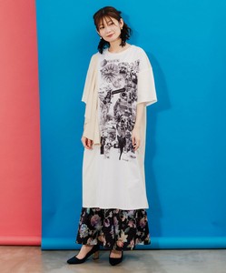 天体×花コラージュ柄 フリル袖ワンピース