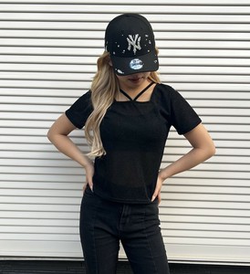 ラメ2WAYスクエアネックホルター半袖Tシャツ