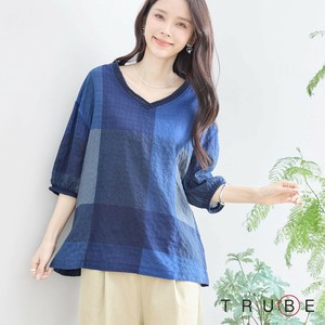 【2025新作】【L〜LL】ブルーブロックチェックVネックブラウス(N13-239)(7号店）FM7
