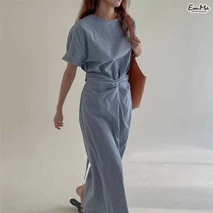 ストライプワンピース ブルー 半袖 マキシ丈 ウエストスリム ナチュラル 夏 【2025SS】 ONA4023