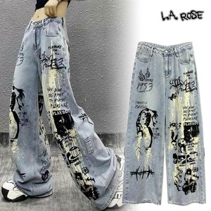 ペイントストレートワイドデニムパンツ　グラフィティ　ペイント加工