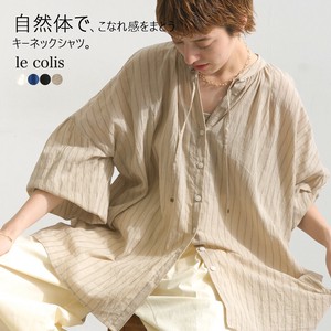 Button Shirt/Blouse Voluminous Sleeve Stripe Keyhole Neck [S/S NEW]