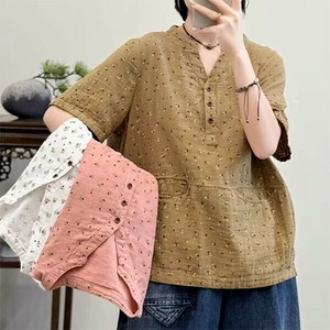 Button Shirt/Blouse Flower Print Double Gauze Cotton