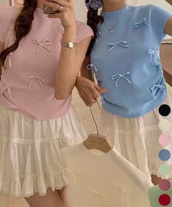 国内即納 リボン付きリブニット プチハイネック夏服
