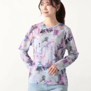 【2025年8月新作】 絵画風柄プリントチュール長袖丸首カットソーTシャツ（B28900）