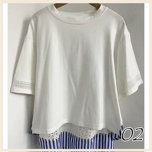 11922　綿素材　カットソー　布帛ストレイプとレース　異素材使い　カットソー　レディス