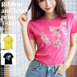 ☆NEW！☆リボン＆ジュエリー プリント Tシャツ 半袖【綿混】【F】【XL】