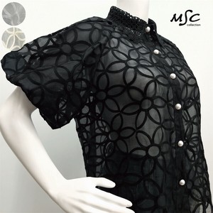 Button Shirt/Blouse Flower Pearl Button Puff Sleeve Sheer
