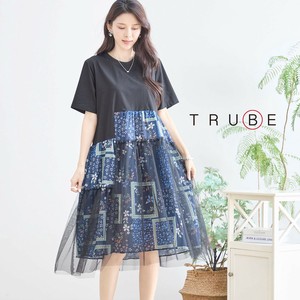 【2025新作】【M〜L】チュールレイヤードブルーフラワープリントワンピース(N82-357)（5号店）FM5