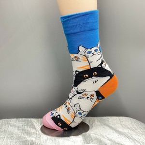 靴下　クルーソックス　レディース　スクエア　ネコ　猫たち　アニマル　ブルー　オレンジ