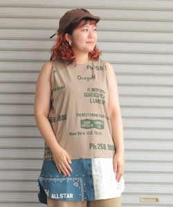 26/-天竺ロゴ総柄プリント　裾シャツ風タンクトップ