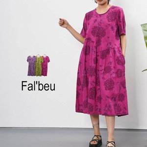 【新作】単色フラワープリントワンピース  ギャザー切替　コットン100