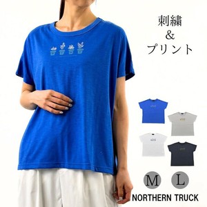 鉢植えプリント× 刺繍 Tシャツ ロゴ入り プルオーバー クルーネック ロゴ刺繍 nt-nece5364