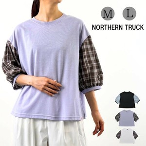 T-shirt Ladies fashion Long T-shirt Check Mixing Texture Short Sleeve Cut-and-sew